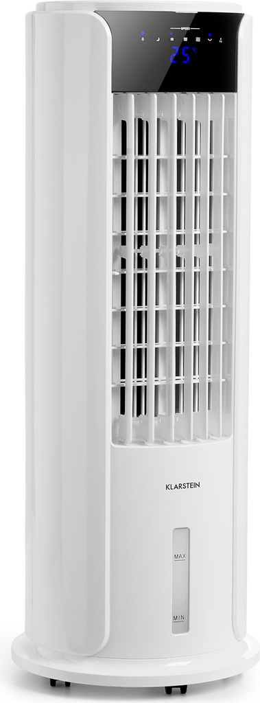 A white tower fan with a digital display on a white background.