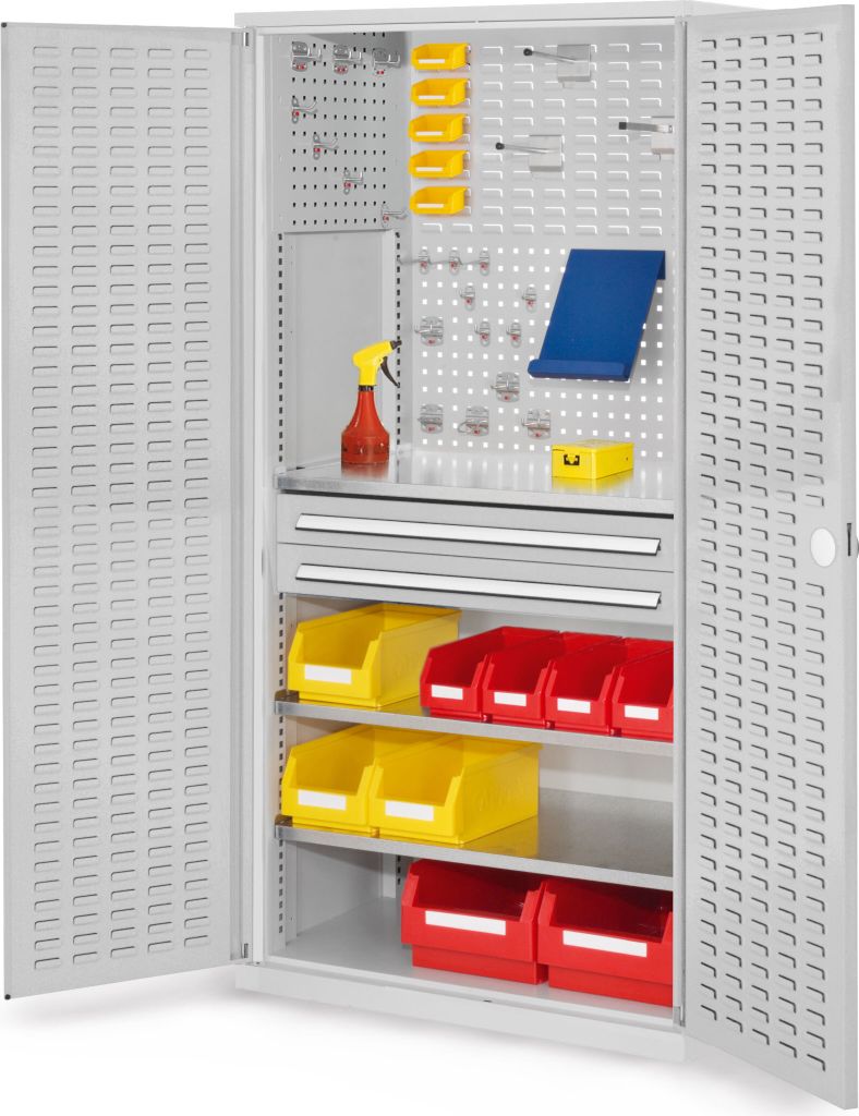 Werkzeugschrank, Türen mit Schlitzplatten, 2 Schubl. + 3 Fachb., BxTxH 1000x600x1950 mm, Korpus und Türen RAL 7035
