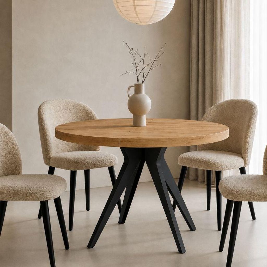 VENTO runder Tisch 100 cm, ausziehbar auf 200 cm, für Küche, Esszimmer, Wohnzimmer, Eiche Craft Golden/Schwarz