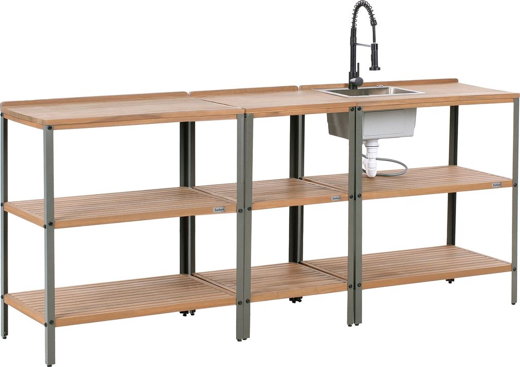 BELIANI Outdoor-Kücheninsel Braun u. Schwarz es Akazienholz 3er Set mit Spüle Armatur Modern Outdoor-Küchenmöbel Gartenküche