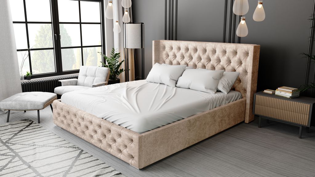 Polsterbett 140x200 cm Rolia - Chesterfield Doppelbett - Bettkasten, Kopfteil, Lattenrost - Samt Beige