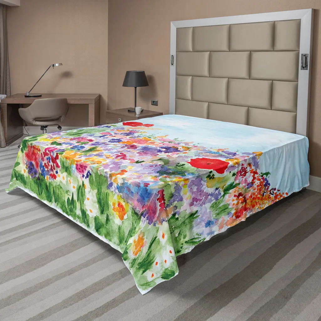 Drap de lit pour décoration chambre motif fleurs d'été 244 x 205 cm vert