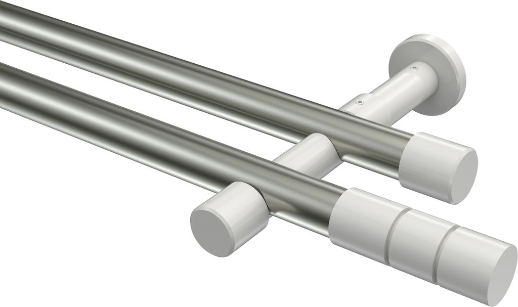Interdeco Gardinenstange / Vorhangstange Edelstahl-Optik / Weiß, Typ Prestige Elanto (Rillenzylinder) ohne Ringe, 20 mm Ø 2-läufig, 220 cm