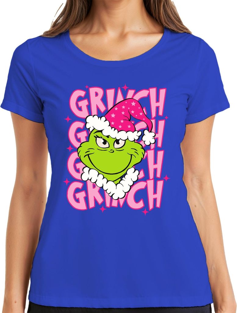 Grinch Weihnachten frech Geschenk grün rosa Santa Hut Retro Damen T-Shirt, Blau, XXL