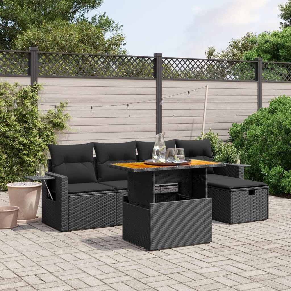 Schwarz 6-tlg. Garten-Sofagarnitur mit Kissen Schwarz Poly Rattan ,Design 2024 Neu