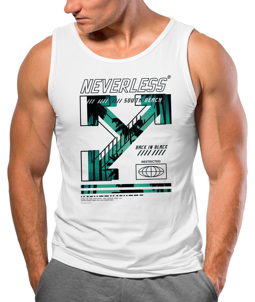 Herren Tank-Top Text Print Aufdruck South Beach Techwear Fashion Streetstyle Muskelshirt Neverless weiß L