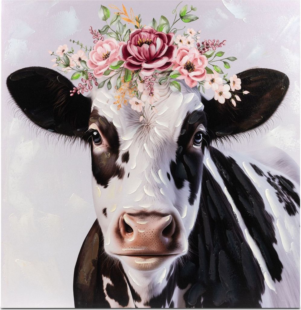 Wandbild schwarz weiße Kuh mit Blumenkranz auf Leinwand 60x60cm Formano