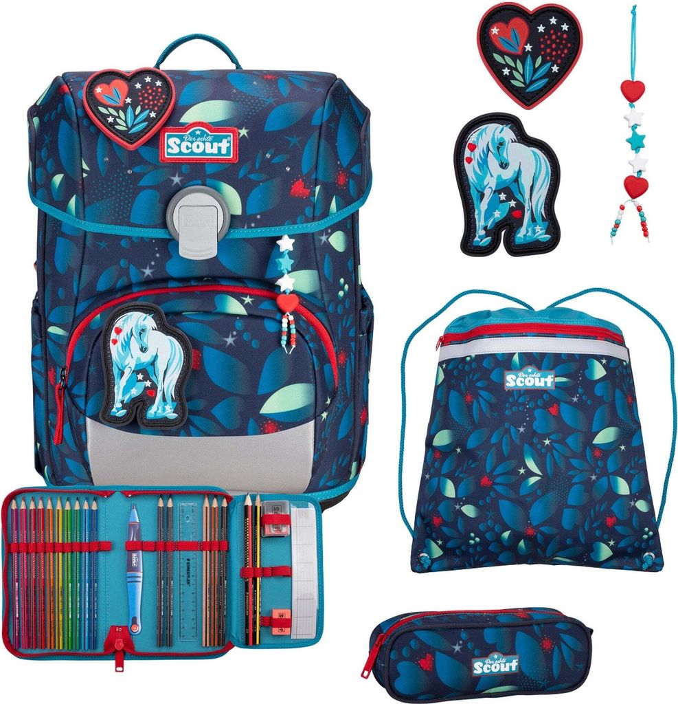 A collection of school supplies including a backpack, pencil case, and drawstring bag, all with a matching blue floral pattern and unicorn theme.
