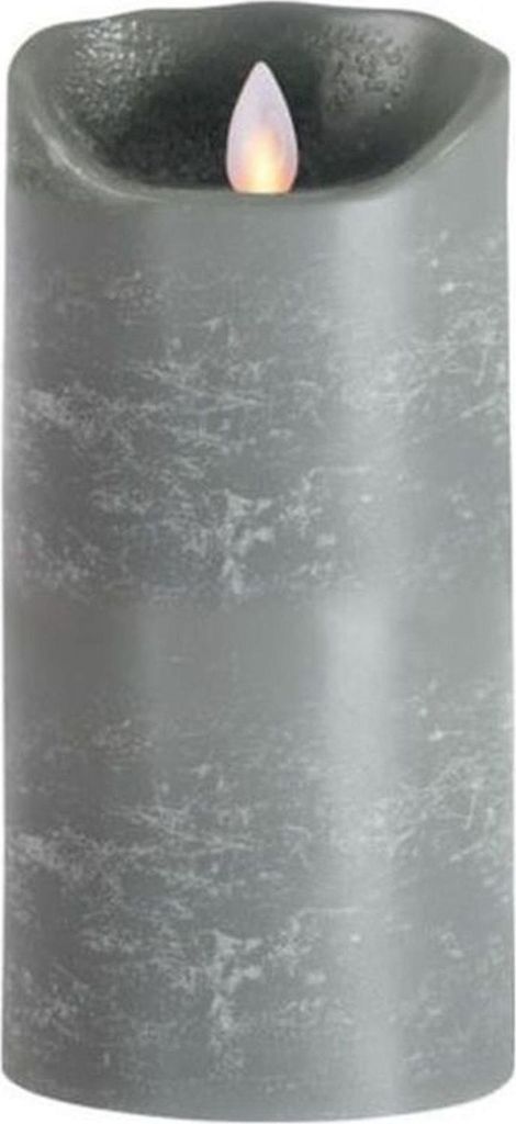 A close-up of a gray LED candle with a flickering flame.