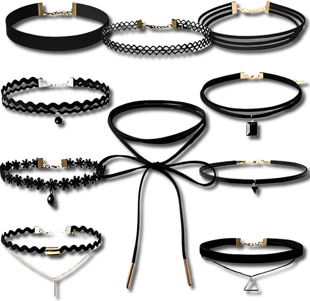 A collection of black chokers arranged on a white background.
