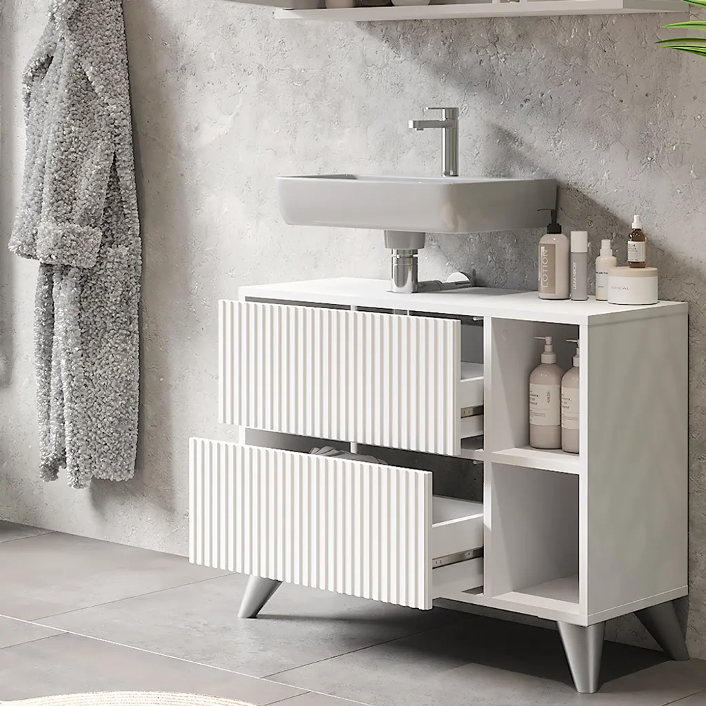 Meuble sous vasque blanc 80cm 2 tiroirs Vicco Leano finition laquée