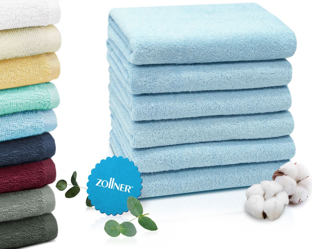 ZOLLNER 6er Set Handtücher, 50x100 cm 100% Baumwolle, 400 g/qm, hellblau