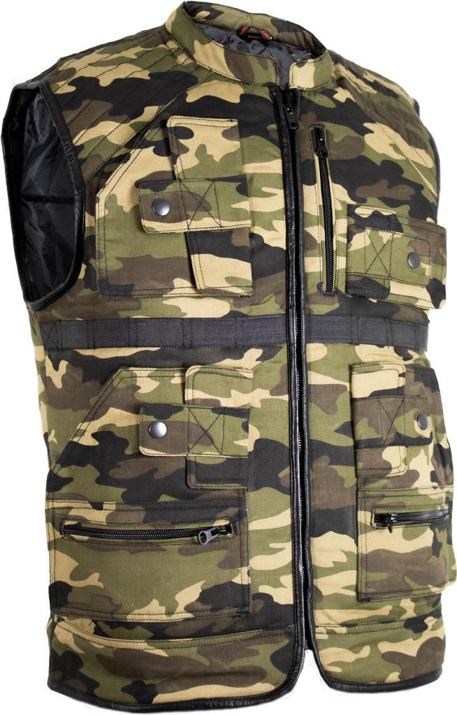 MDM Herren Textil Outdoor Weste mit Vielen Taschen Biker Textilweste(M,Camo)