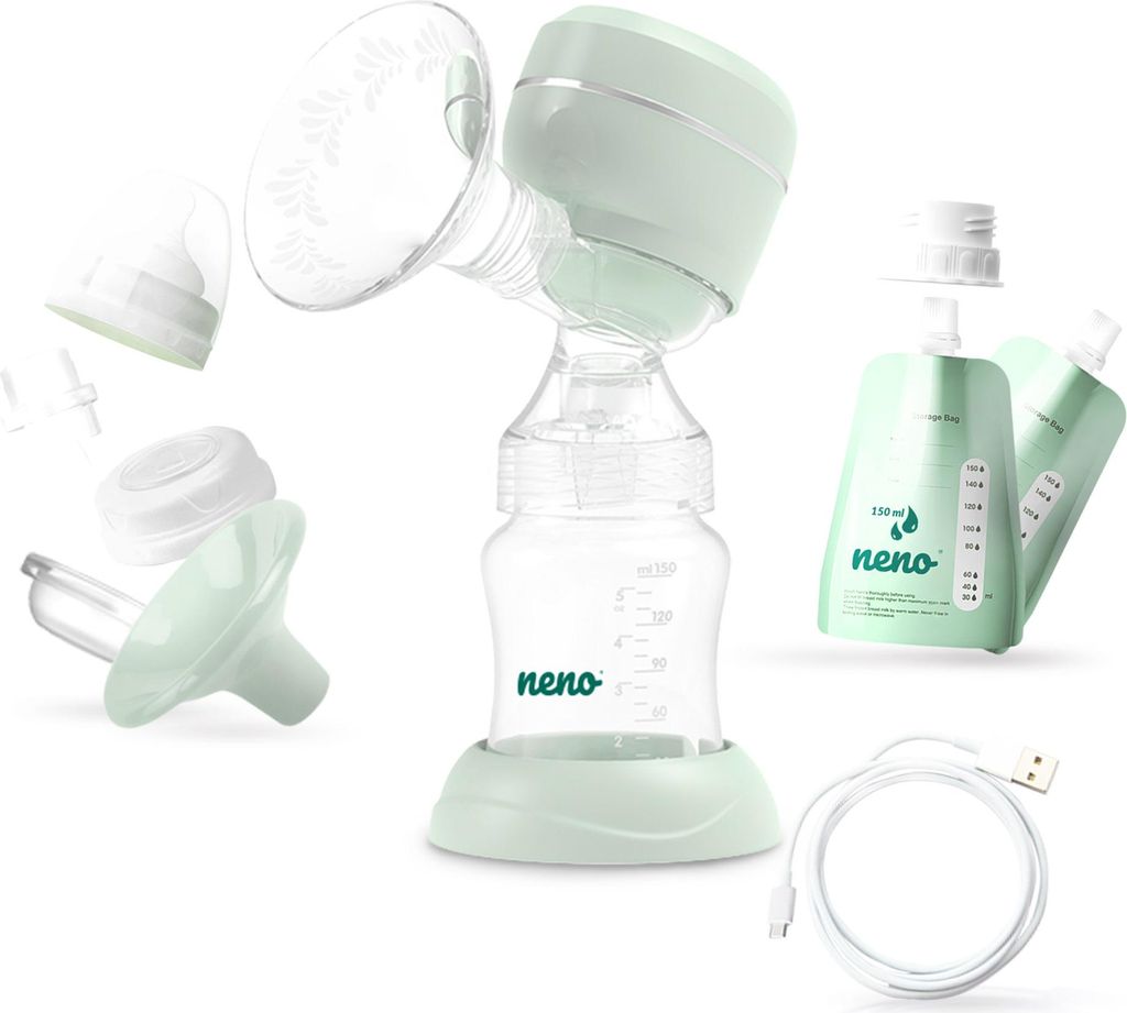 A collection of baby feeding accessories, including a breast pump, storage pouches, and charging cable, arranged on a white background.