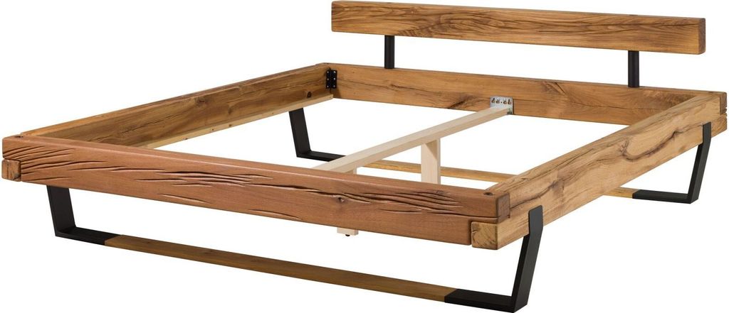 MASSIVMOEBEL24 Balkenbett Wildeiche 200x200 natur geölt OSLO #200