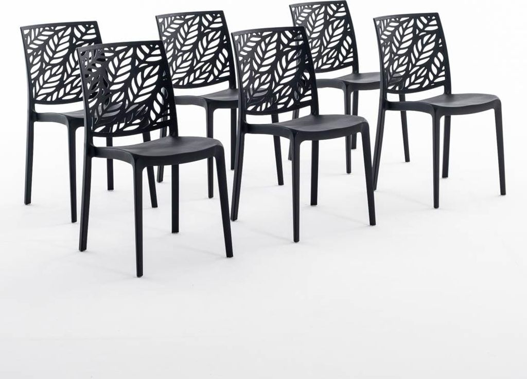A group of black chairs with a leaf-like pattern on the backrests, arranged on a white background.