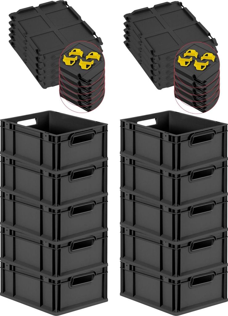 SuperSparSet 10x Eurobox NextGen Grip mit Auflagedeckel inkl. 4 gelben Schiebeschnappverschlüssen | HxBxT 17x30x40cm | 16 Liter | Schwarz | Griffe...