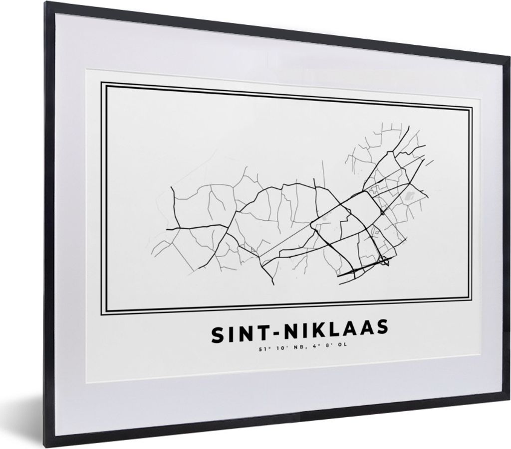 MuchoWow Gerahmtes Poster Stadtplan - Schwarz und weiß - Karte - Sint Niklaas - Belgien - Karte 40x30 cm - Poster mit Schwarzem Bilderrahmen Wan...