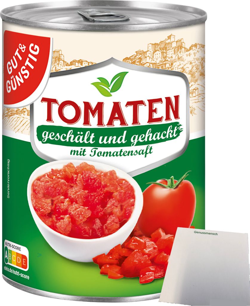 Gut & Günstig Tomaten geschält gehackt mit Tomatensaft (400g Dose) + usy Block