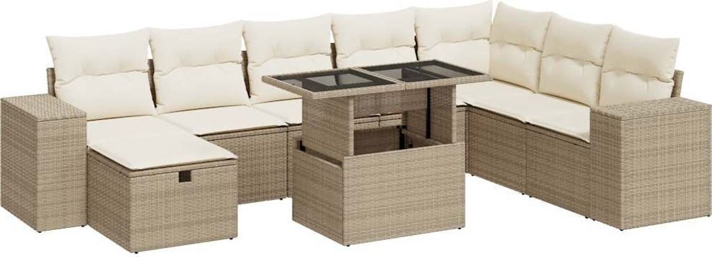 9-tlg. Garten-Sofagarnitur mit Kissen Beige Poly Rattan