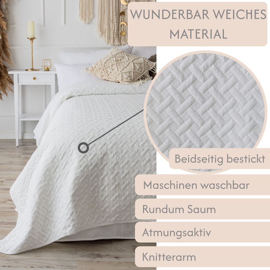 Tagesdecke Bettüberwurf Überwurf Weiss 200x220cm Produktbild 3