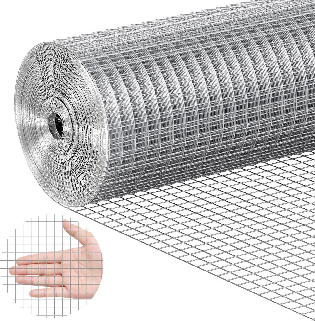 A roll of wire mesh is shown, with a hand in a circular inset to demonstrate the scale of the mesh.
