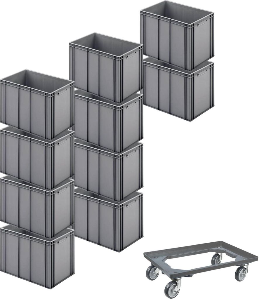 SparSet 10x Eurobehälter mit geschlossenem Griff & 1x Transportroller Grau | HxBxT 42x40x60cm | 70 Liter | Eurobox, Transportbox, Transportbehält...