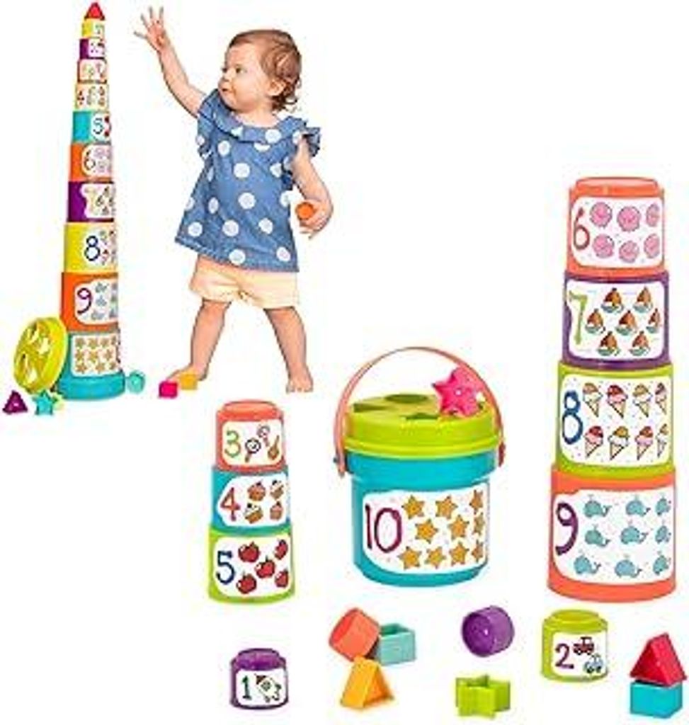 Battat – Sortieren & Stapeln – Nesting Sorter Sortierset – 19-teiliges Stapel-Eimer-Sortier-Set – 10 Tassen & 8 Formen – Lern- und Geschi...
