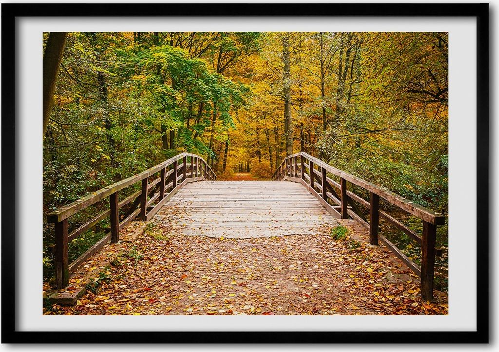 Bild - Bilder - Bilderrahmen - 70 cm x 50 cm - MDF-Rahmen, Wandkunst Brücke im Herbstwald
