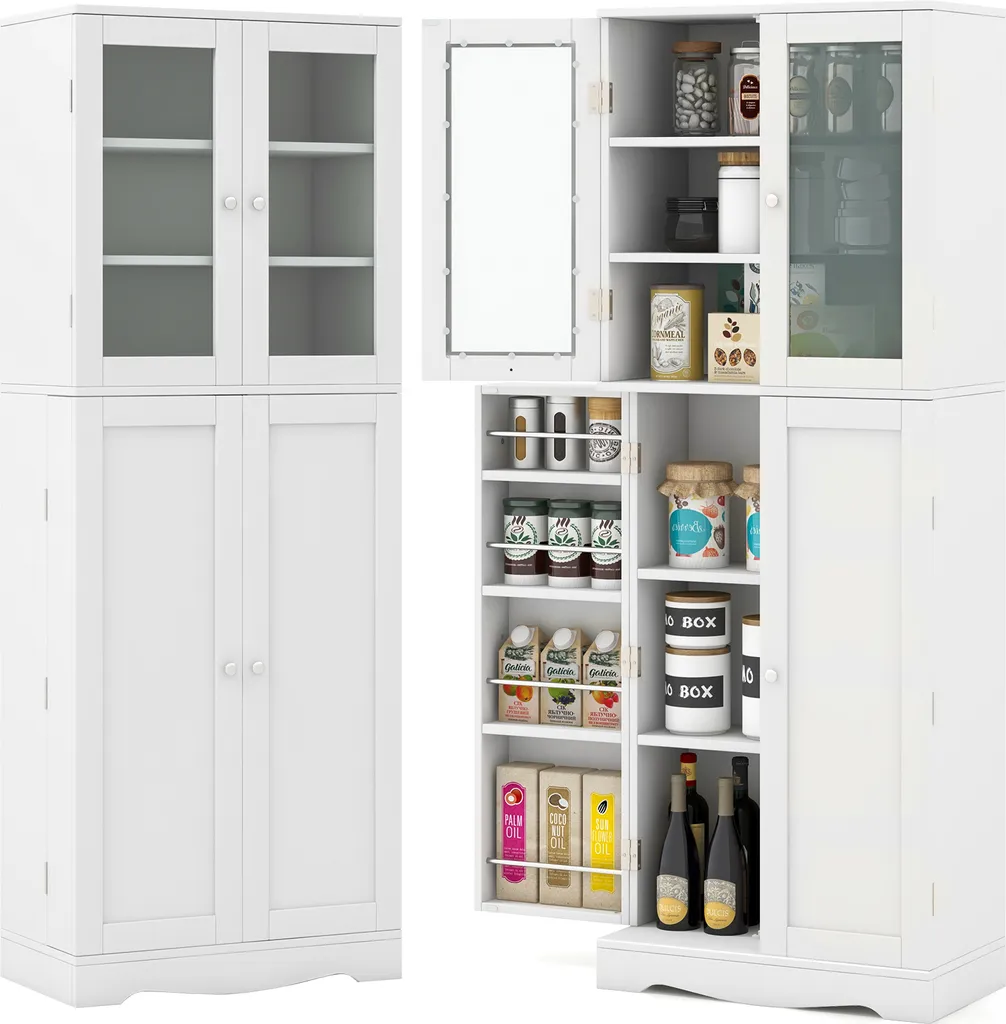 Buffet de cuisine indépendant blanc et vitrine haute en bois 161,5 cm