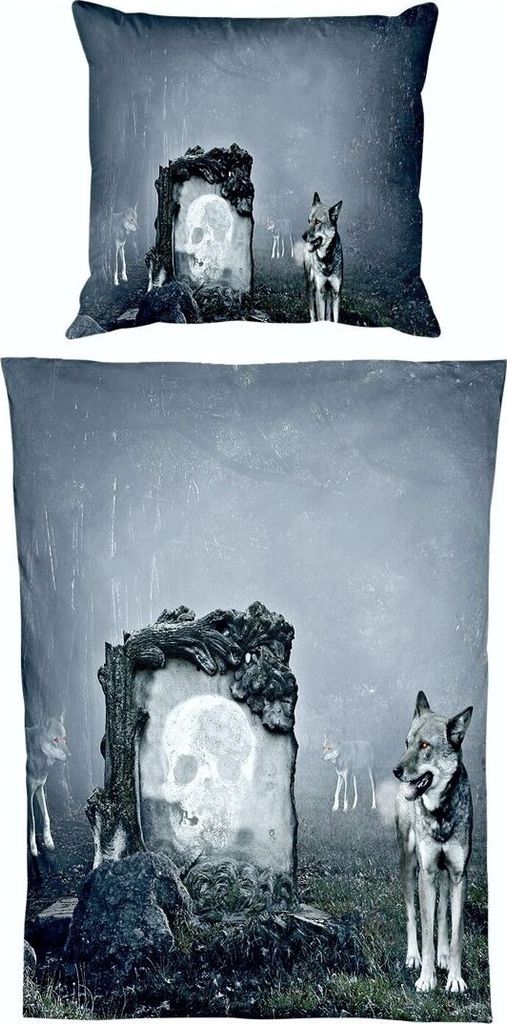 JACK Microfaser Print Bettwäsche 2 tlg. 135x200cm Wolf Guard Tier Fantasy Totenkopf Skull Wölfe Grau Anthrazit