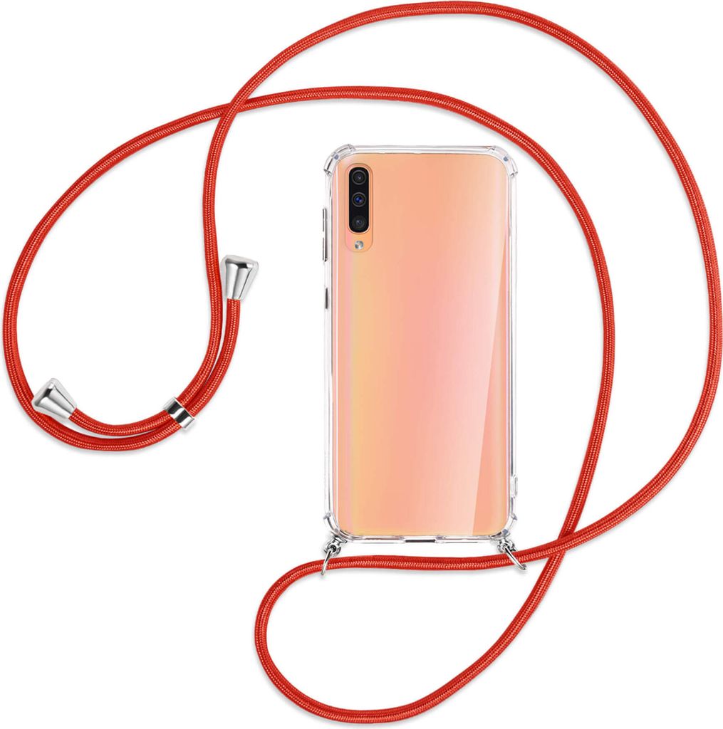 Handykette Backcover-Schutzhülle mit Band (Metall silberfarben) für Samsung Galaxy A50 - rot