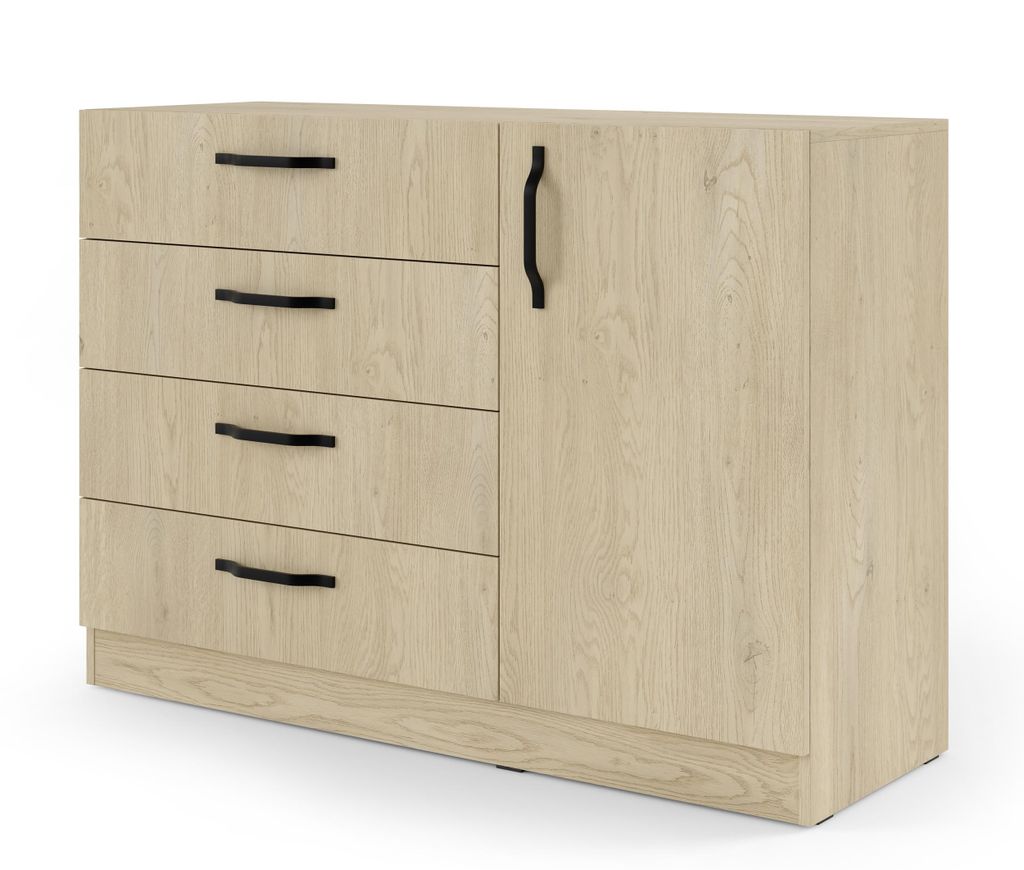 Kommode BRAGA BRK2 120,5 cm – 4 Schubladen und Schrank mit Regal, Eiche Cremona