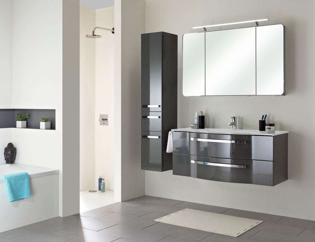 PELIPAL Serie 4005 Bad Möbel Set (3 teilig) / steingrau Hochglanz , Spiegelschrank , Glaswaschtisch , Unterschrank, LED Beleuchtung