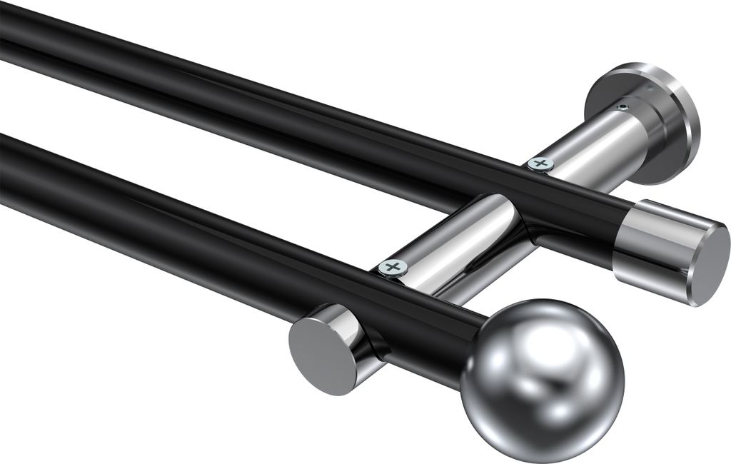 Interdeco Gardinenstange / Vorhangstange Schwarz / Chrom, Typ Platon Luino (Kugel) ohne Ringe, 20 mm Ø 2-läufig, 540 cm