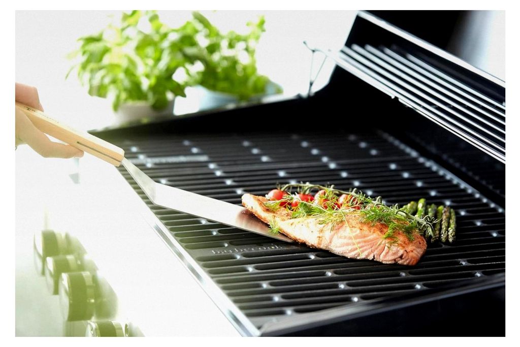 Fischspatel für Grill und Plancha, Grillbesteck aus Edelstahl und Holz, 37 cm