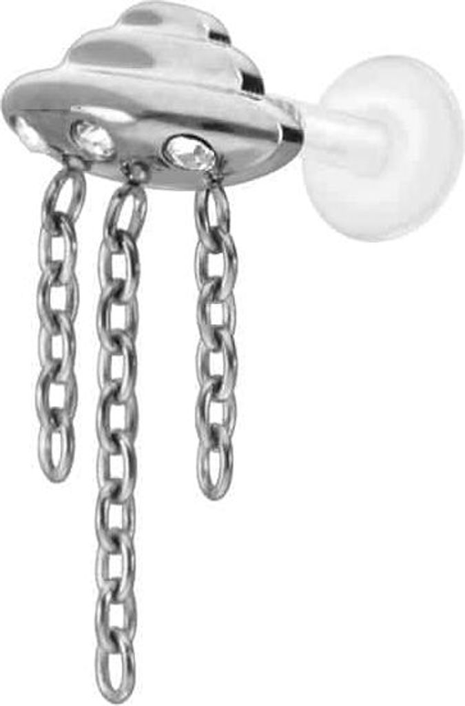 Ohrpiercing, Nasenpiercing PTFE Labret mit Innengewinde + Titan-Aufsatz UFO + KETTEN + KRISTALLE Silber Stablänge: 6mm | Stabstärke: 1,2mm