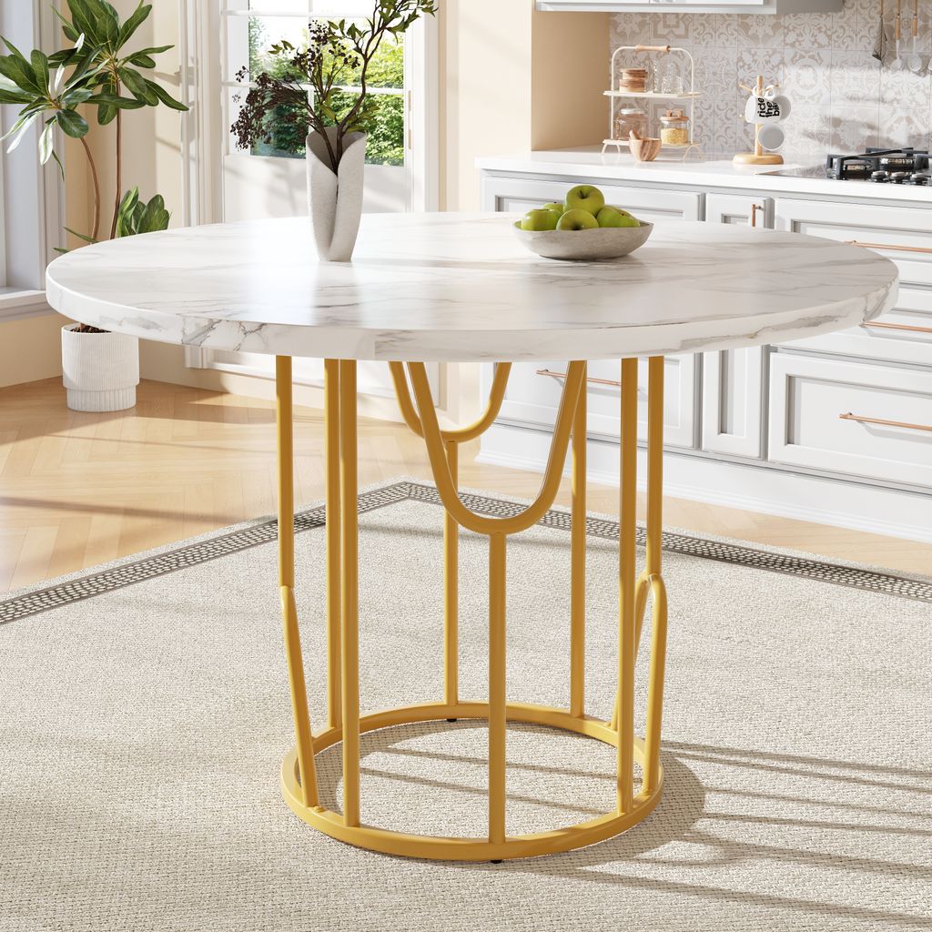 okwish Esstisch ,Küchentisch , Runder Tisch für 4-6 Personen, Marmortisch geeignet für Esszimmer und Wohnzimmer, goldene Beine