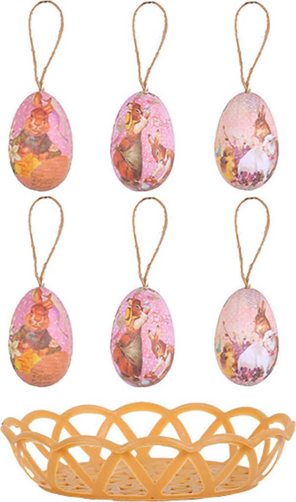 7 Teile/satz Bunte Hase Bemalt Kunststoff Ostereier mit Korb Hängen Anhänger DIY Osterei Handwerk Hause Ostern Party Liefert D