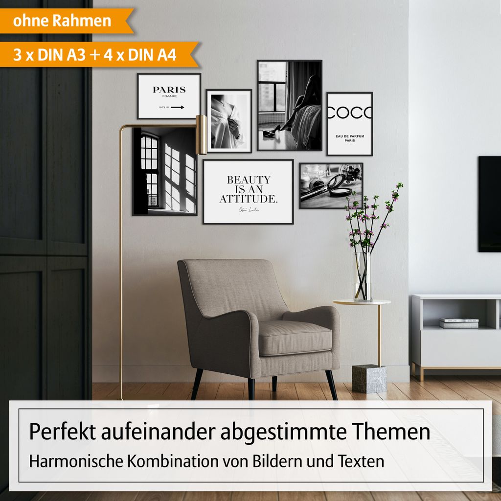 Hyggelig Home Premium Poster Set - 7 passende Bilder OHNE RAHMEN im stilvollen Set - 3 x DIN A3 + 4 x DIN A4 - Set Black and White, Option:mit Rahm...