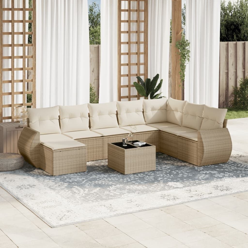Design 9-tlg. Garten-Sofagarnitur mit Kissen Beige Poly Rattan, Gartensofas 2024 Neu