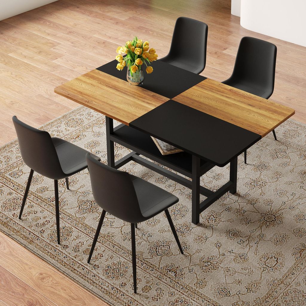 Tisch-Stuhl-Set, 160 cm rechteckiger Esstisch mit Ablagefach + 4 schwarze Esszimmerstühle