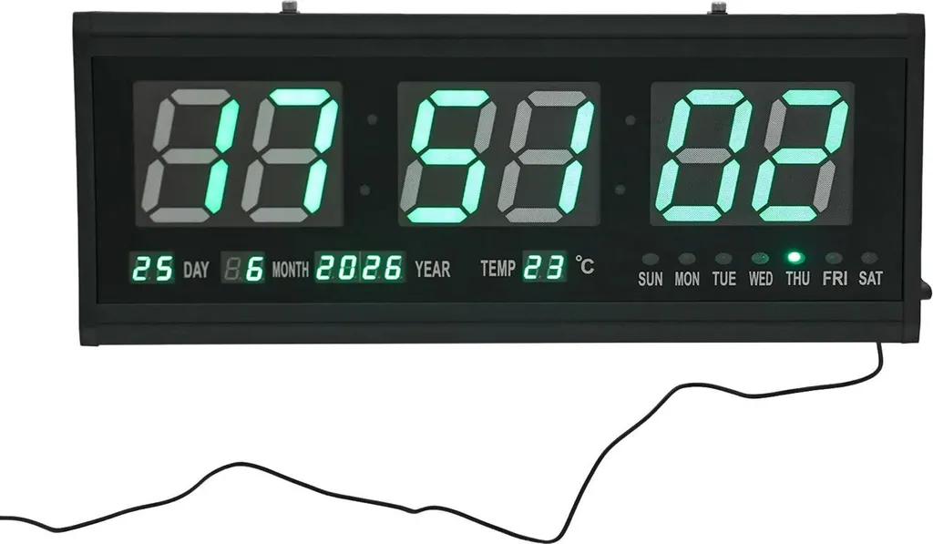 Horloge LED 220V silencieuse chiffres verts 48cm avec sonde température