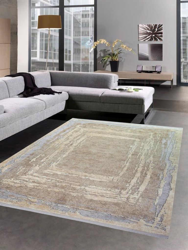 Wollteppich Luxus Designerteppich Teppich abstrakt mit Naturfasern beige grau Größe - 80 x 300 cm