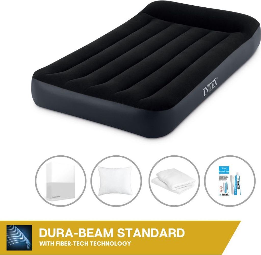 Intex Luftbett - 1 Person - 99 x 191 x 25 cm - Blau - Mit eingebauter Pumpe, Spannbettlaken Weiß, Kopfkissen, Molton 2 in 1 Kissenbezüge en Reper...
