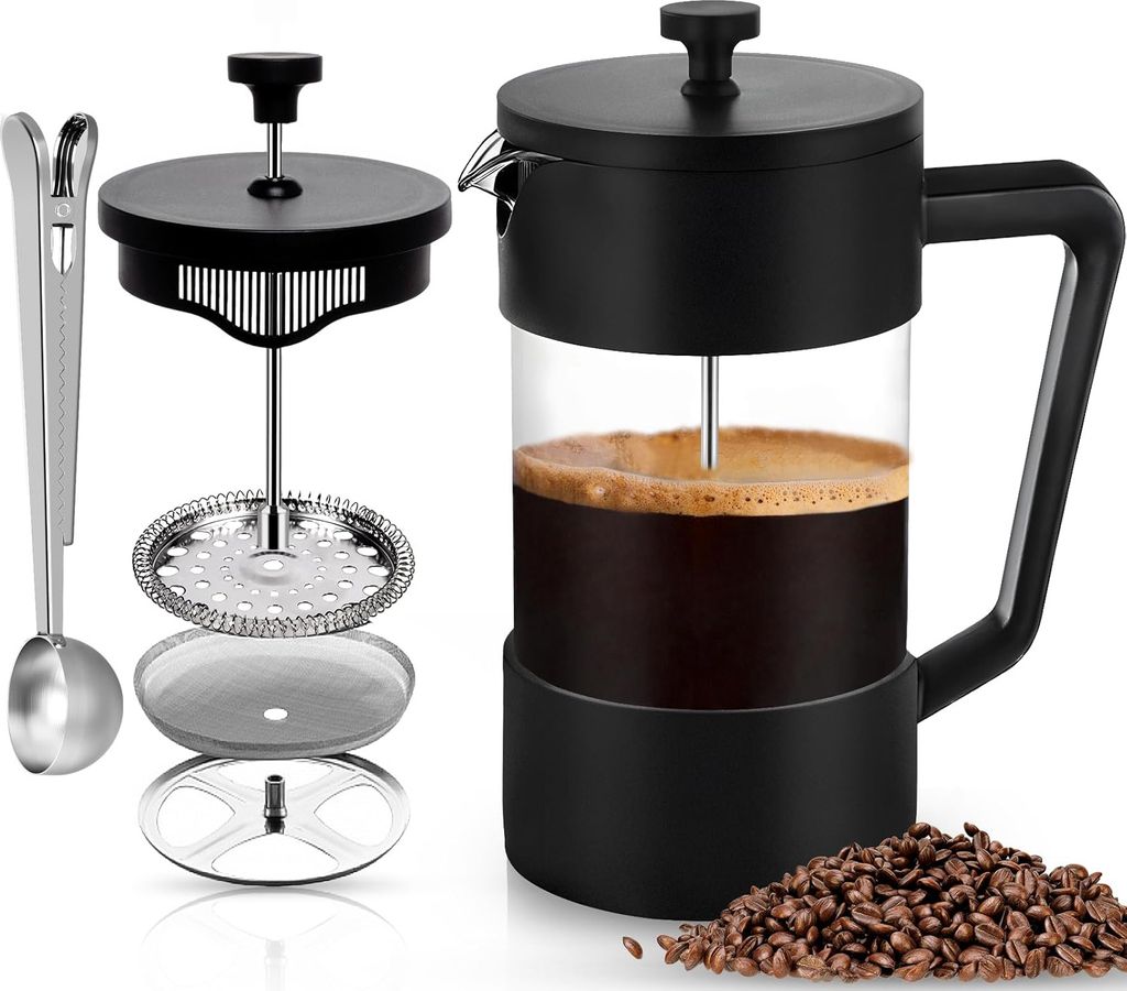 French Press Kaffeebereiter, 1000 ml (5 Tassen), French Press Kaffeebereiter, Hitzebeständiges Borosilikatglas, Dreifach-Edelstahlfilter, Kaffee-/...