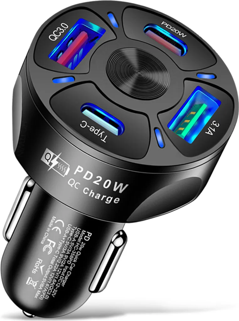 Caricatore Auto 4 in 1 PD 20W USB-C QC3.0 Nero - Ricarica Rapida Multipla