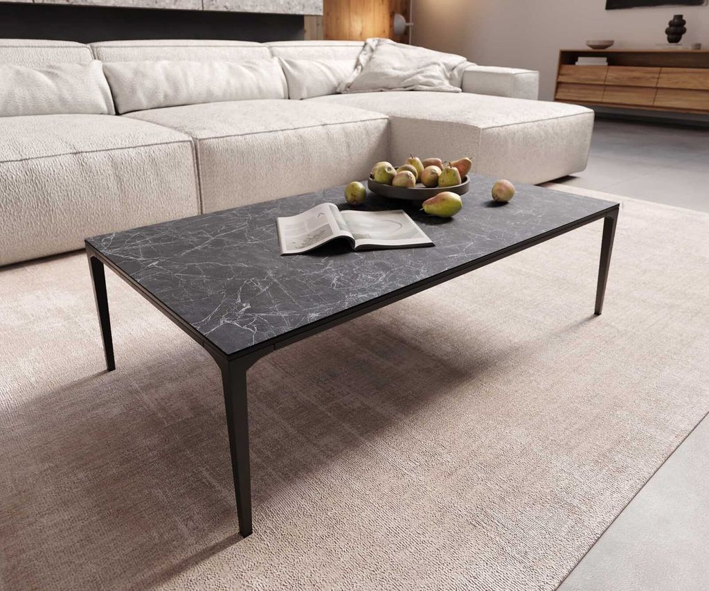 DELIFE Couchtisch Levente 110x60 cm Keramik Laminam Nero Greco Anthrazit Gestell Metall Schwarz