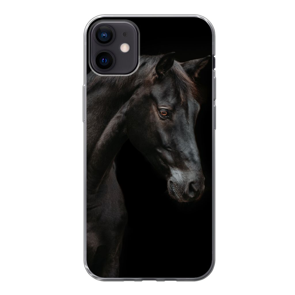 MuchoWow Handyhülle Schutzhülle Hülle für iPhone 12 mini Pferd - Tiere - Schwarz - Porträt Silikon Softcase Handy Hülle - Bild