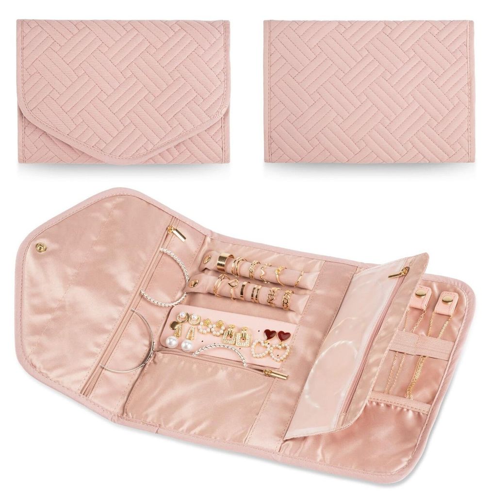 ASKSA Schmuck Organizer Tasche Reise Schmuckaufbewahrung fuer Ringe, Ohrringe, Halsketten, Uhren, Rosa